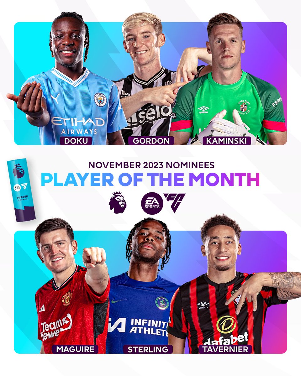 Who is your <a href="/EASPORTSFC/">EA SPORTS FC</a> Player of the Month? 🤩

🩵 <a href="/JeremyDoku/">Jeremy Doku</a>
⚫️ <a href="/anthonygordon/">AG</a>
👒 <a href="/kaminski26/">Thomas kaminski</a>
🔴 <a href="/HarryMaguire93/">Harry Maguire</a>
🔵 <a href="/sterling7/">Raheem Sterling</a>
🍒 <a href="/_MarcusTavv/">Marcus Tavernier</a>

#PLAwards | 🗳️ Vote: preml.ge/potmnov23