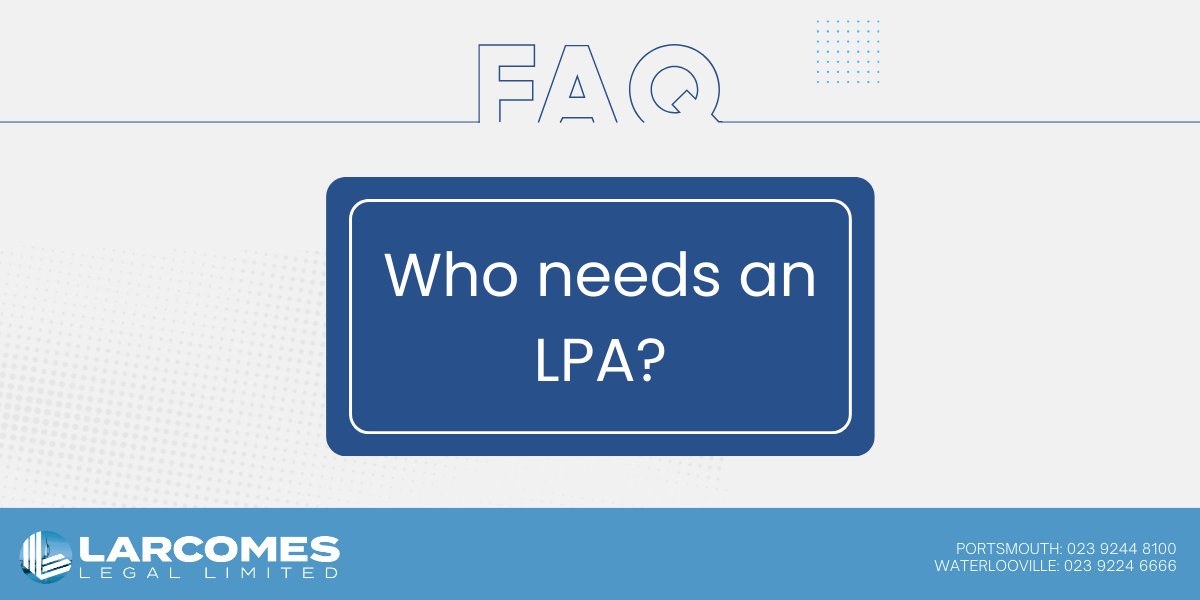 Larcomes_LLP's tweet image. Everyone needs an LPA, regardless of age, health, wealth or marital status.

Mental or physical incapacity can hit anyone at any time, so we recommend planning ahead to ease the potential burden on loved ones.

#LPA #lasting #forever #foreveryone #protection #advice #solicitors