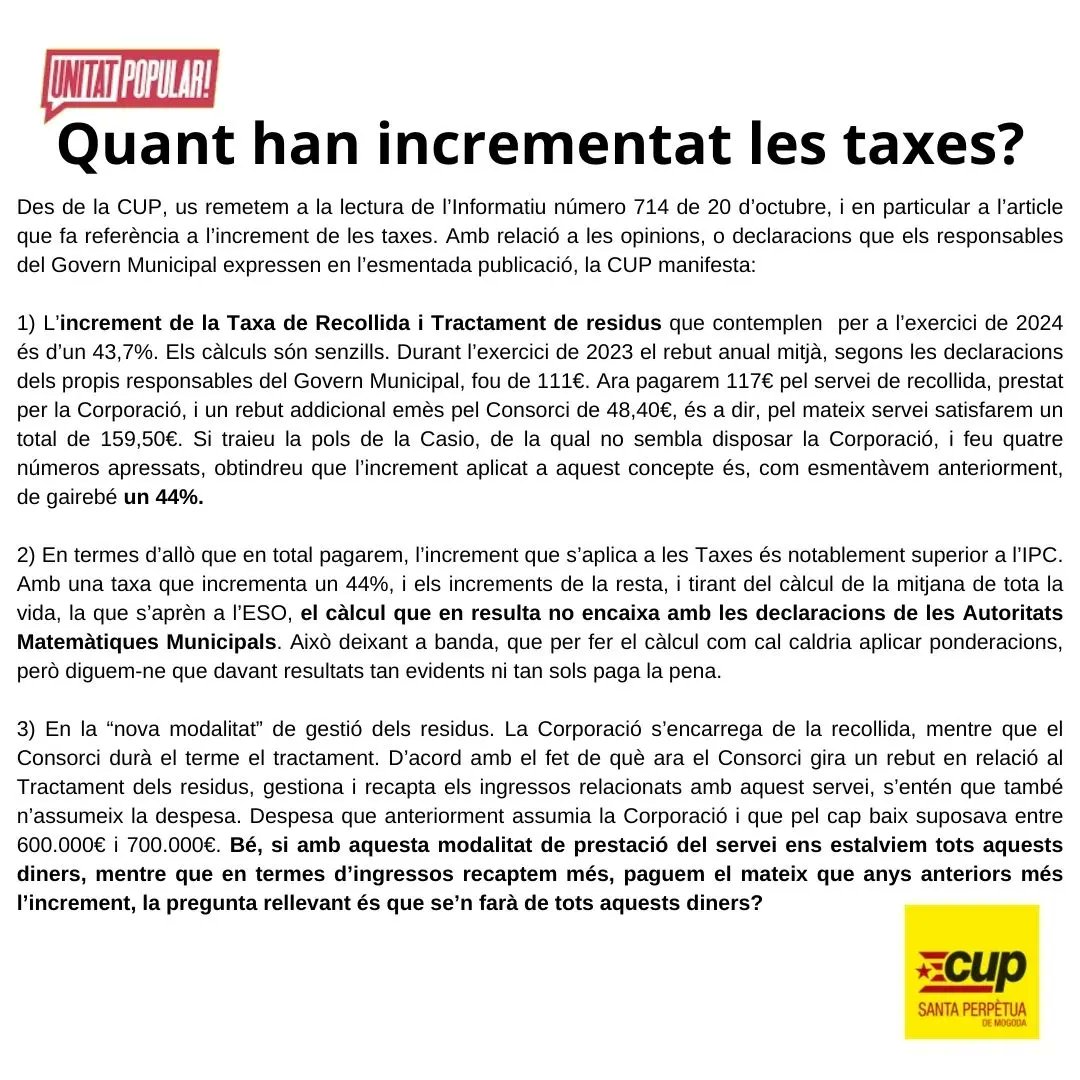 CUPStaPerpetua's tweet photo. Parlem sobre l 'increment de la taxa de recollida i tractament de residus a #StaPerpetua 
♻️🗑🚮 https://t.co/JTQWAFE12b