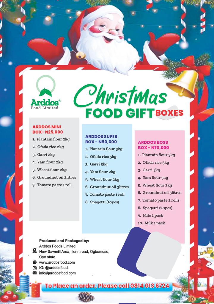 Arddos Food Limited
Christmas food gift box package 
is here 🎉🎊💃🕺 
Order for friends and family members as a surprise gift 🫂🫂🫂
#SeasonsGreetings 
#foodgift #packagefood