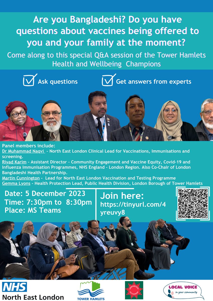 📣 #TowerHamlets residents, join our vaccine Q&A session! 🩺💬 🔍 Questions about vaccines? 👩‍⚕️ Get answers from experts. 🤝 Focused on the Bangladeshi community. 📅 Dec 5, 7:30-8:30 PM 📍 Online on MS Teams 🔗 Join: tinyurl.com/4yreuvy8 #HealthTalk #Vaccines #CommunityCare
