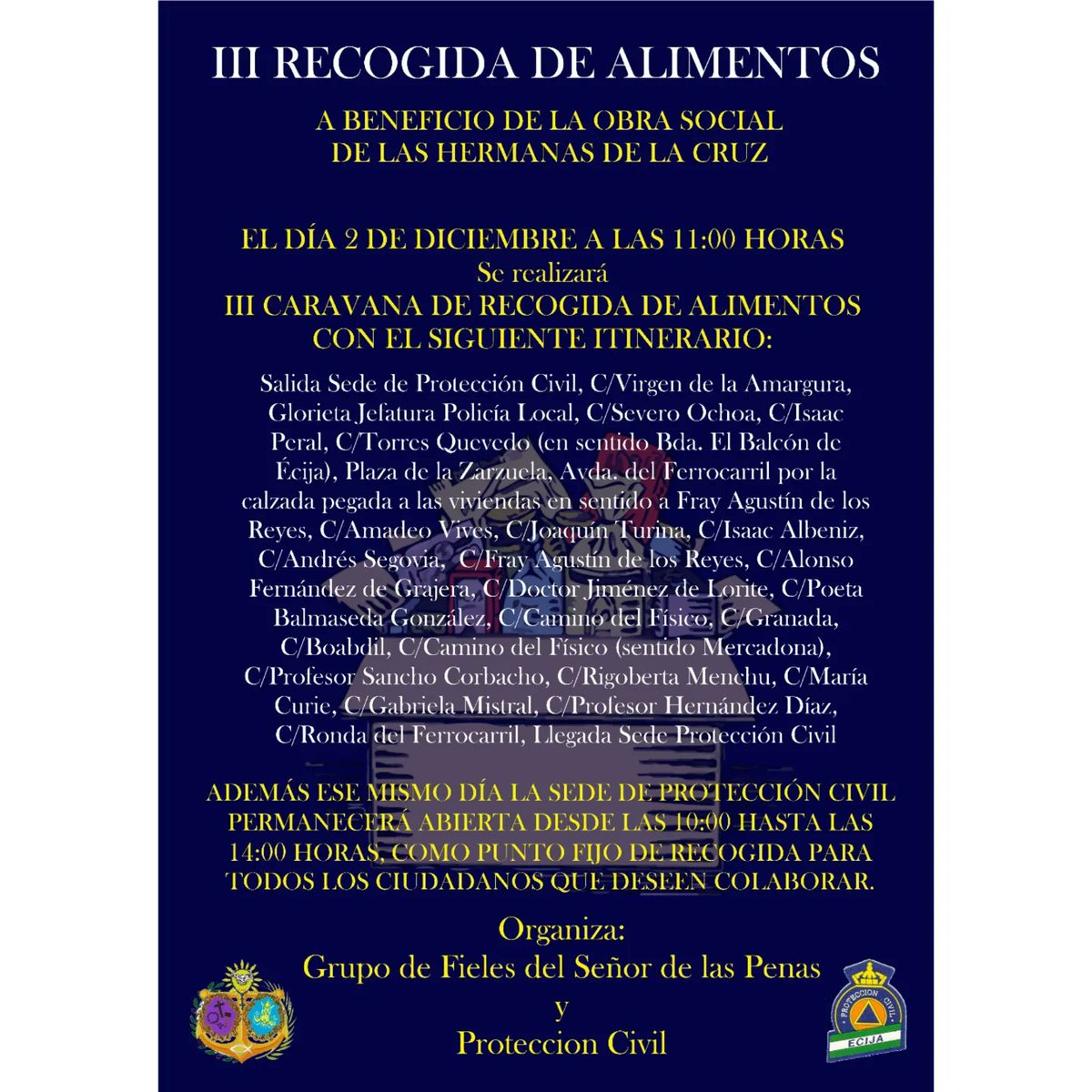 Este sábado tienes una cita con la 𝐒𝐎𝐋𝐈𝐃𝐀𝐑𝐈𝐃𝐀𝐃.

Colabora en nuestra III Recogida de Alimentos, a beneficio de la obra social de las Hermanas de la Cruz, organizada junto con la Agrupación Local de Protección Civil.

Y recuerda:  ¡𝐀𝐘𝐔́𝐃𝐀𝐋𝐀𝐒 𝐀 𝐀𝐘𝐔𝐃𝐀𝐑!