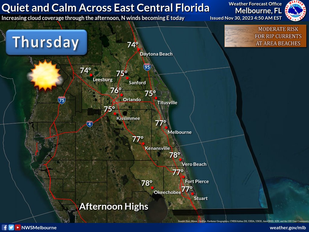 11/30/23 | Good morning east central FL! 🌤️ Mostly sunny and dry across the area 🌡️ Afternoon highs in the mid 70s 🌊 Moderate risk of rip currents Enjoy the beautiful weather and have a great day!
