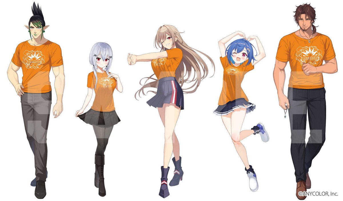 multiple girls orange shirt skirt multiple boys 2boys shirt blue hair  illustration images