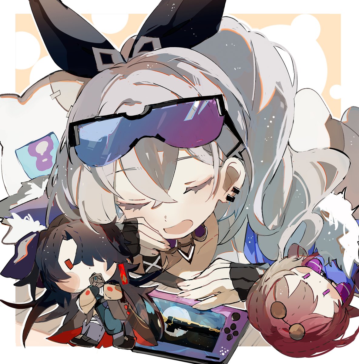 blade (honkai: star rail) ,silver wolf (honkai: star rail) 1girl closed eyes solo grey hair long hair open mouth gloves  illustration images