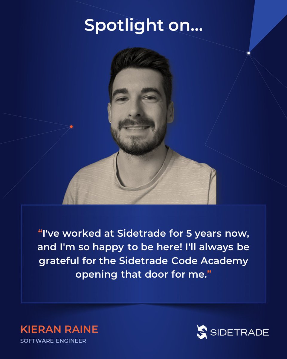 Sidetrade's tweet photo. This weekโs โSpotlight on...โ post features Kieran Raine, a #SidetradeCodeAcademy graduate. Explore his journey on @Medium ๐ https://t.co/kBQGdATIFs and express interest in the upcoming Sidetrade Code Academy ๐ https://t.co/HfpQIjH75R #NowHiring #PeopleMakeSidetradeUnique https://t.co/bh8XHd8Fwk