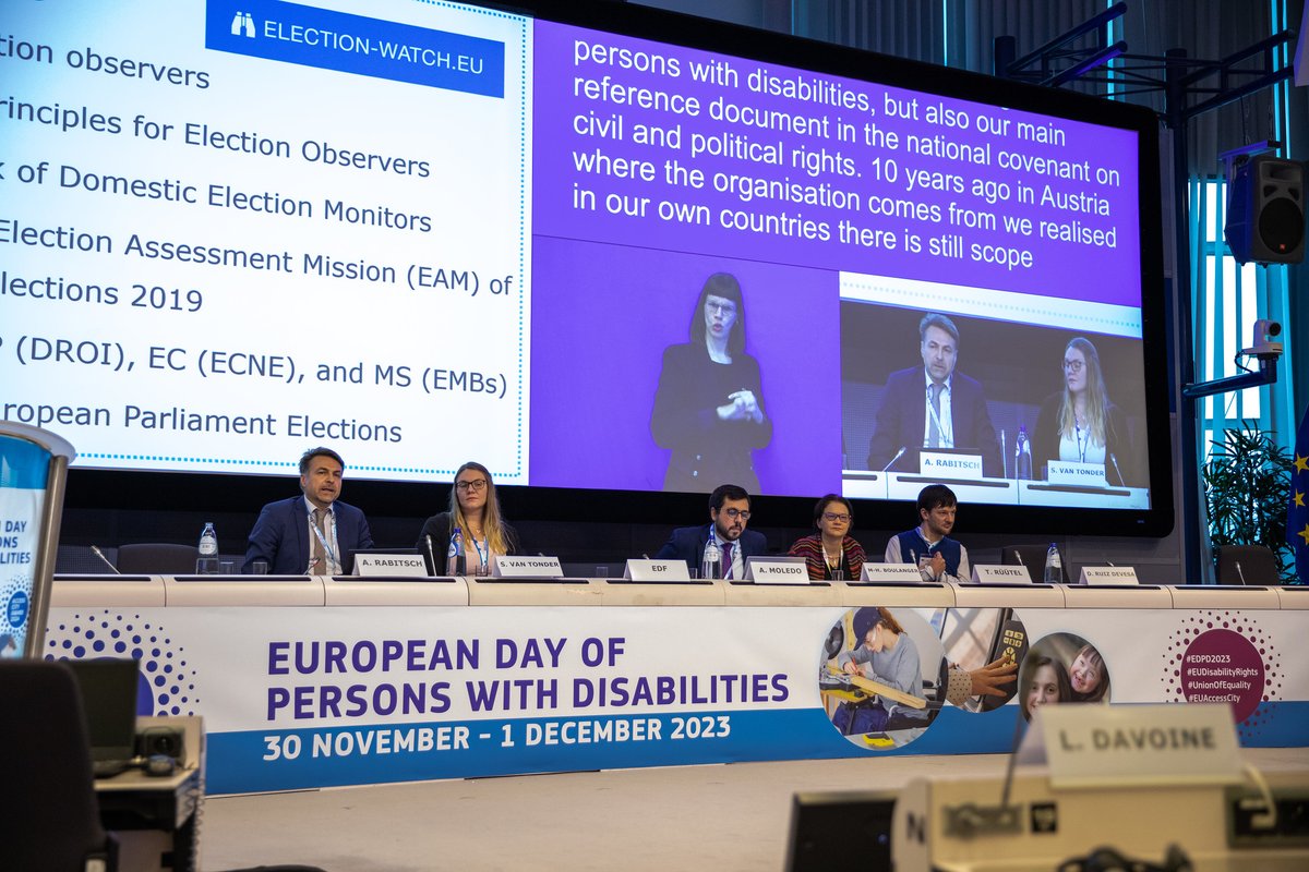 Panel 1 #EDPD2023 | Right to vote & to stand for elections: 🎙️ @ArminRabitsch, @ElectionEu 🎙️ @Susanna_Eliza, 🇱🇺 national champion for #EUDisabilityRights Strategy 🎙️ Marie-Helene Boulanger, @EU_Justice 🎙️ Tom Rüütel, 🇪🇪 employer counsellor 🎙️ @DomenecD, MEP @Socialistas_PE