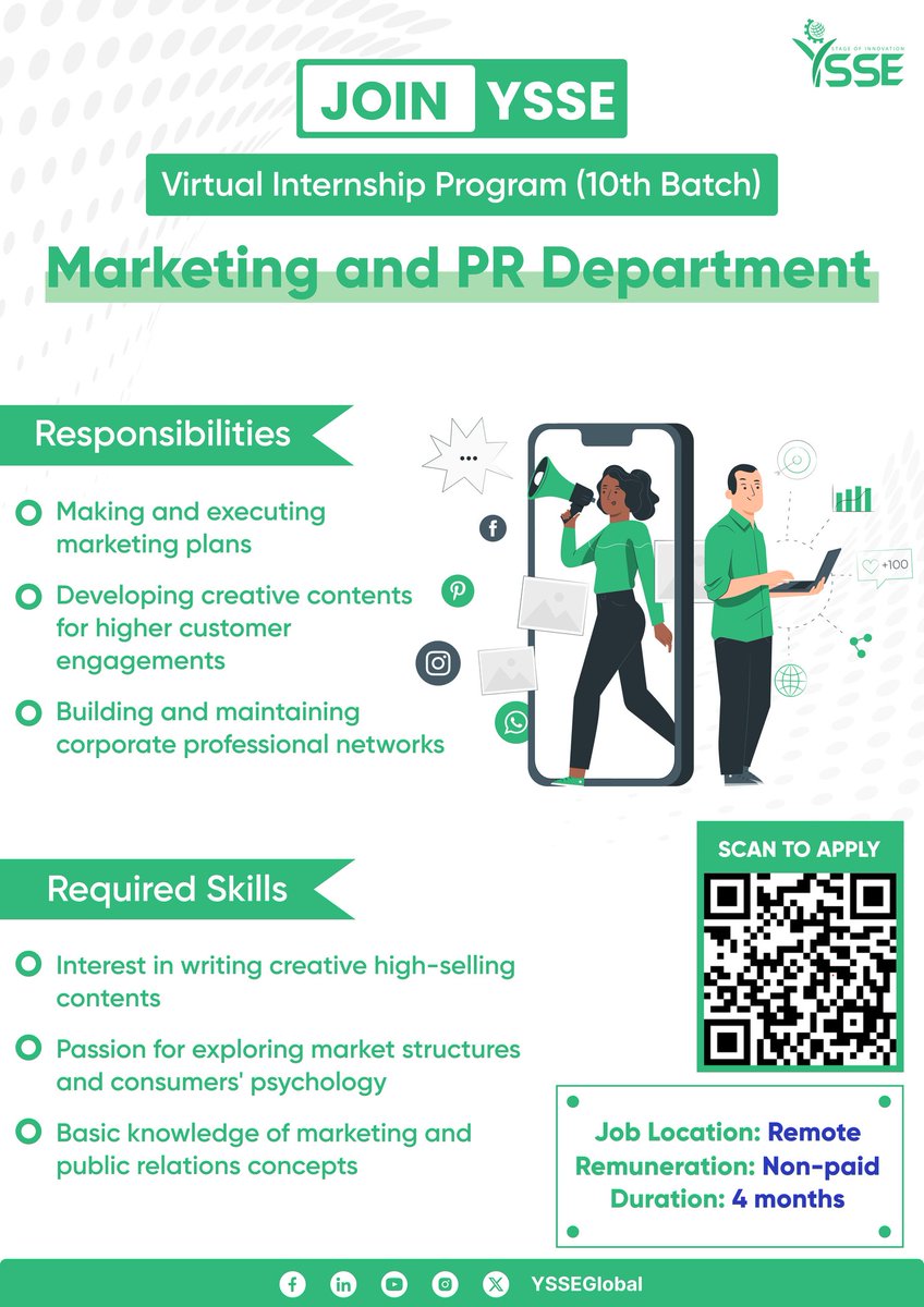 YSSEGLOBAL's tweet photo. Join the league of 4 months virtual interns!
Registration before 5-12-23 : https://t.co/pDri9SakTp…
#VirtualInternshipProgram #Opportunity #AdminHR #BusinessDevelopment #MarketingPR #OperationsManagement #GraphicDesign #VideoEditing #ContentWriting #Communication #YSSE https://t.co/hvxM9Qrp88