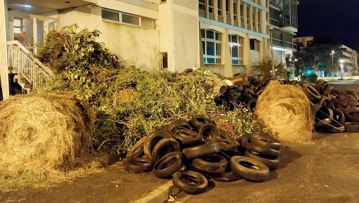 AnonymeCitoyen's tweet photo. Des agriculteurs ont déversé des tonnes de déchets devant des bâtiments d'État cette nuit à Pau. Les manifestations d'agriculteurs semblent gagner en intensité. https://t.co/3BqbjJd7QI