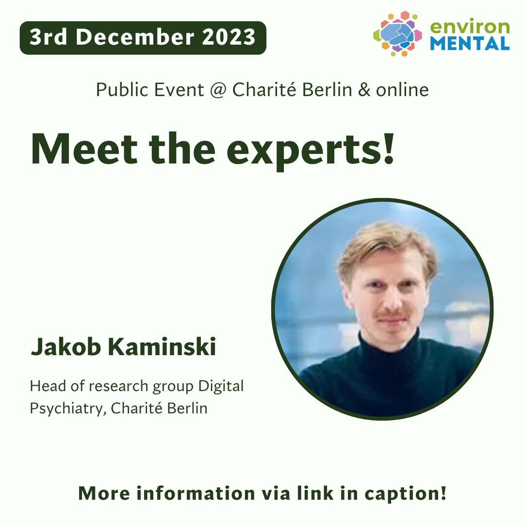 environMENTAL_project (@heenvironmental) on Twitter photo Member of the environMENTAL stakeholder board & head of research group Digital Psychiatry at Charité, <a href="/JakobKaminski/">Jakob Kaminski (he/him)</a>, also joins for the panel discussion this Sunday! 🗣️
Registration closes on Friday! Hurry to secure your spot. 😉
👉 environmental-project.org/participants/c… Member of the environMENTAL stakeholder board & head of research group Digital Psychiatry at Charité, <a href="/JakobKaminski/">Jakob Kaminski (he/him)</a>, also joins for the panel discussion this Sunday! 🗣️
Registration closes on Friday! Hurry to secure your spot. 😉
👉 environmental-project.org/participants/c…
