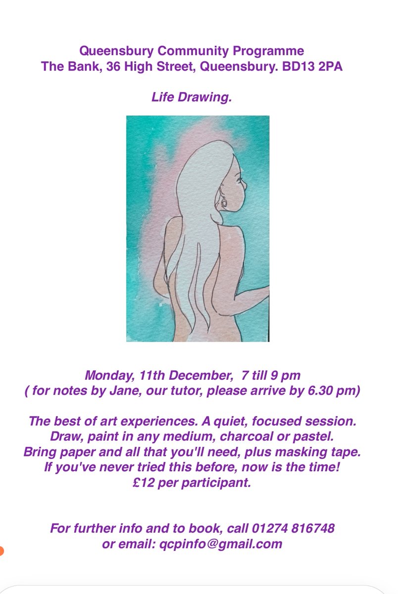 Our Art Workshops are back by popular demand! Life Drawing class on 11 December  7-9pm. 
To book your place email: qcpinfo@gmail.com
