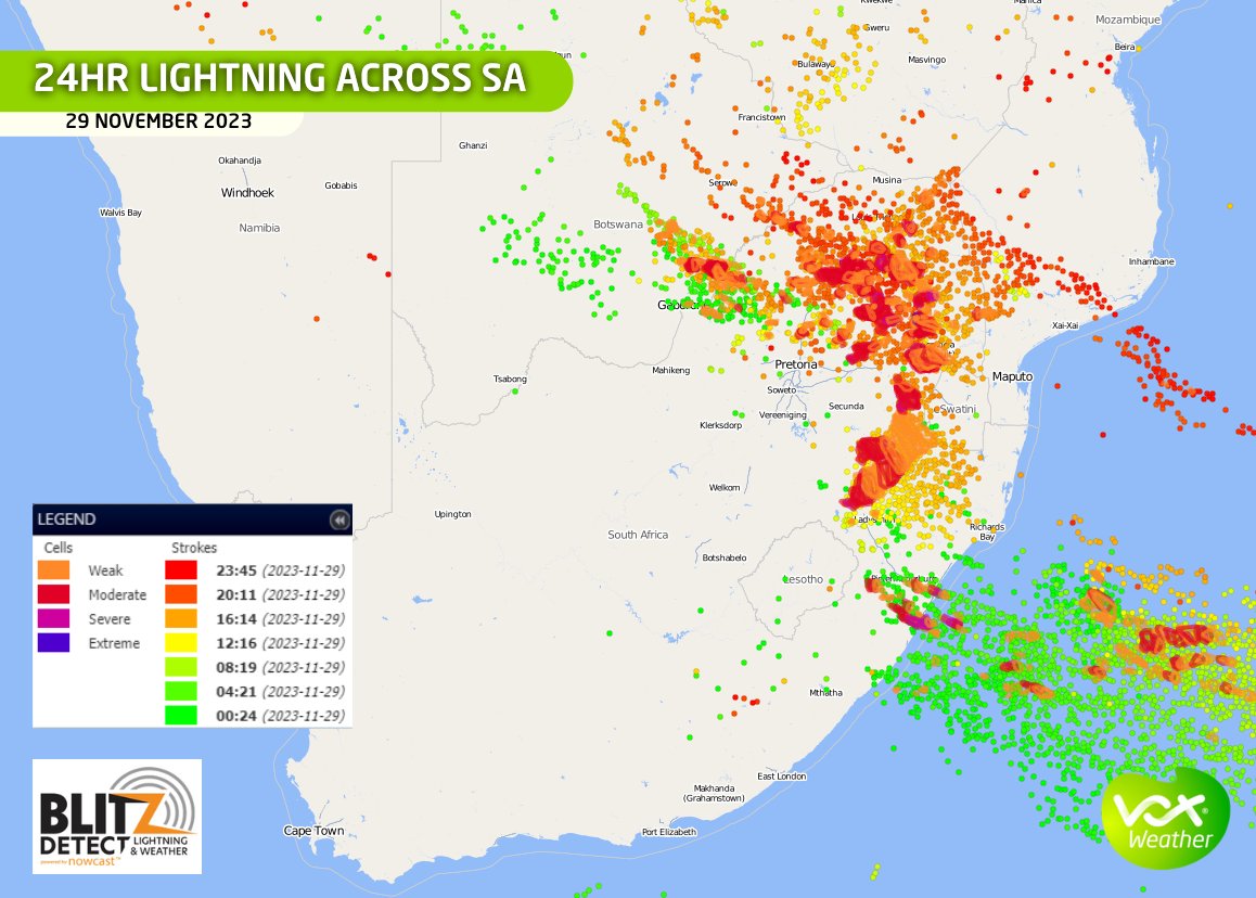 VoxWeatherZa's tweet photo. ⚠️24hr LIGHTNING across South Africa⚠️
Date: 29 November 2023
Photographer Angus Burns also sent us this beautiful photo of the lightning show at Pine Lake Inn in White River Mpumalanga.
Lightning data provided by: Blitz-Detect
#lightning #voxweather #blitzdetect https://t.co/s0WY2dxL0e