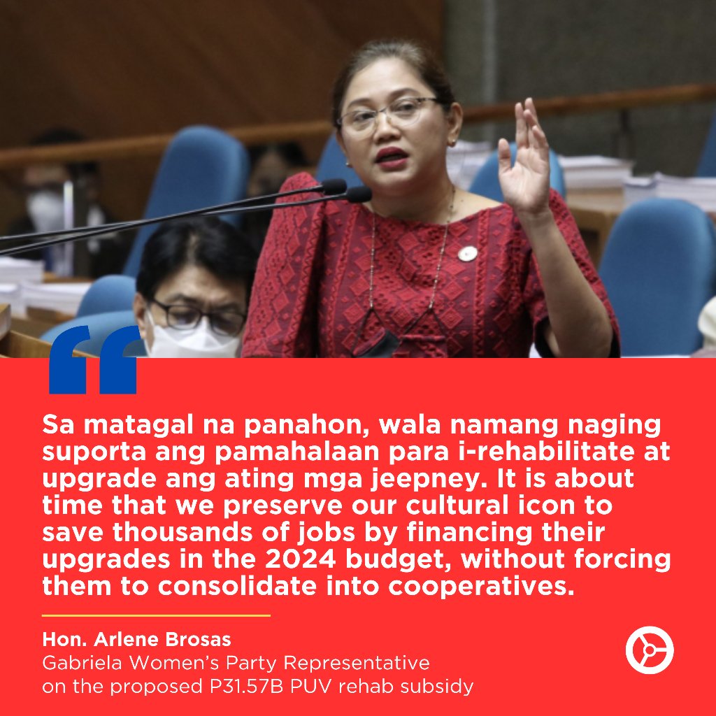 For Rep. @ArleneBrosas, 'It is about time that we preserve our cultural icon to save thousands of jobs by financing their upgrades in the 2024 budget without forcing them to consolidate into cooperatives.' (4/4) #NoToPUVPhaseout