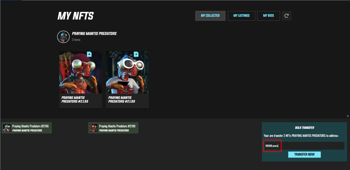 ArtZero_io's tweet image. Excited news! 🔥
Upgrade ArtZero experience with @AZERO_ID! 🚀

Now, in addition to wallet addresses, you can effortlessly transfer NFTs using your AZERO.ID.

Try it now! 🫡