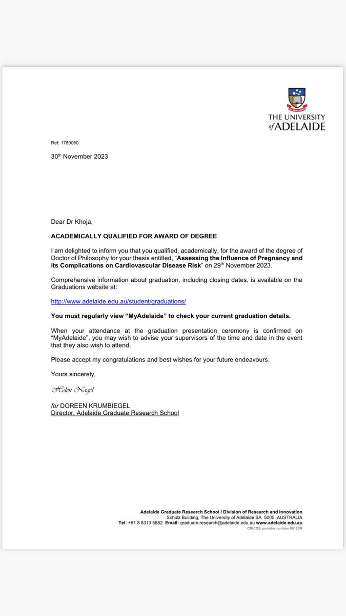 A big day for me professionally. Academically Qualified for the PhD Degree. Thanks so much to my great supervisory team <a href="/RosannaTavella/">Rosanna Tavella</a> <a href="/PrabhaAndraweer/">Prabha Andraweera</a> <a href="/ArstallMargaret/">margaret-arstall</a> &amp; <a href="/ZohraLassi/">Zohra Lassi PhD - زہرہ</a>.  Also, a big shout out to <a href="/GradSchoolUofA/">Adelaide Graduate Research School</a> for their support and fully-funded scholarship