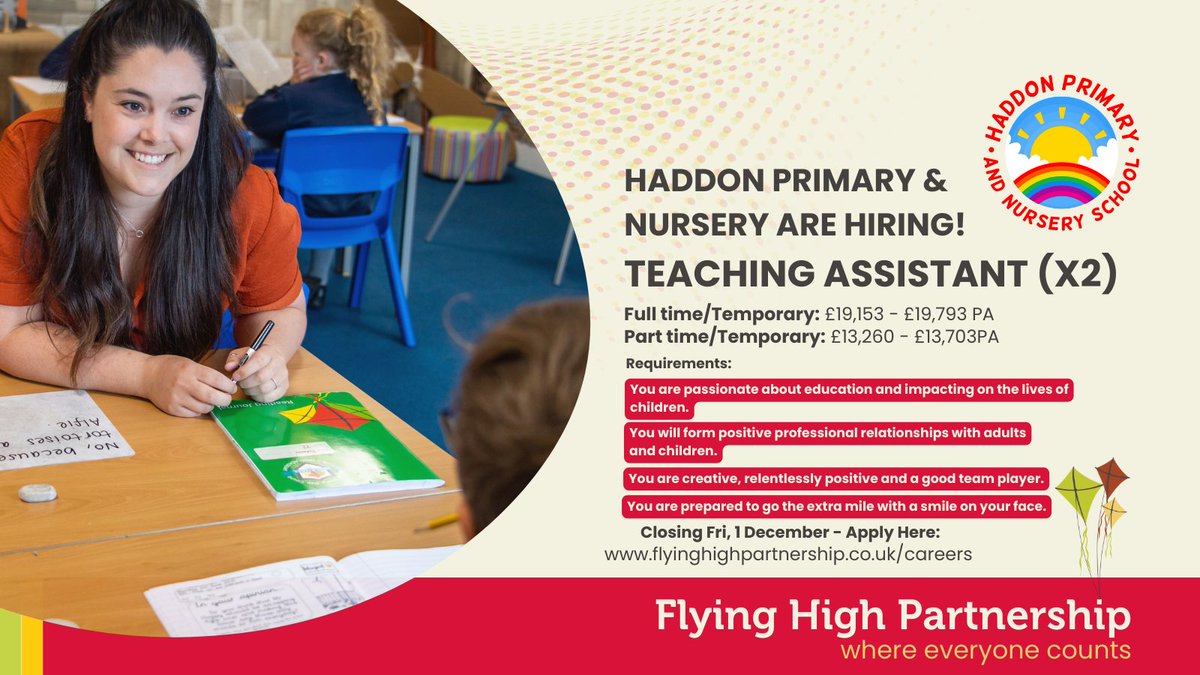 FlyingHighTrust's tweet image. Are you a Teaching Assistant looking to make a real difference in the lives of children? @Haddon_Primary want you! 🫵

Apply today📱 flyinghighpartnership.co.uk

#hiring #teachingassistantjobs #jobswithpurpose #weareflyinghigh