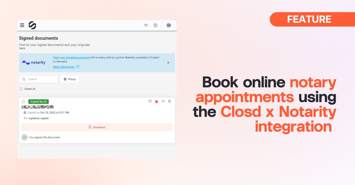 ✅ Closd seamlessly connects you with expert notaries through the Austrian platform Notarity, ensuring your electronic signatures meet the highest standards set by European legislations. 
💡 Request the activation of this feature at no additional cost! ➡ hubs.ly/Q02b8p3L0