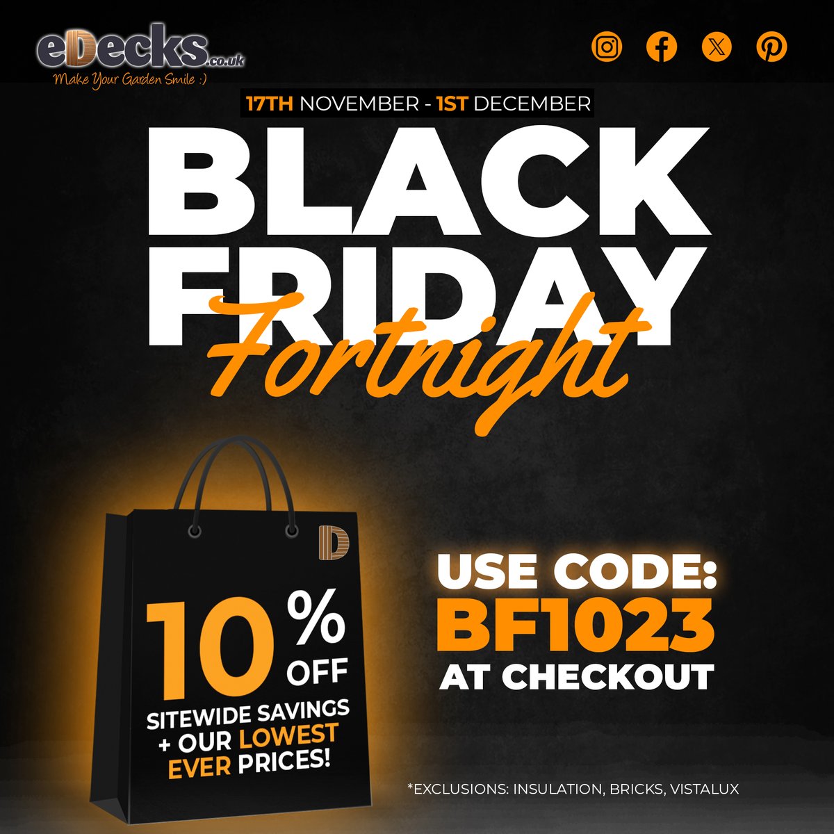 edecksdecking's tweet photo. It's now or never, folks! Today is the LAST DAY of our Black Friday deals at https://t.co/STZaYUCcqu! 🎉

Use code BF1023 at checkout. Remember, the early bird gets the worm but the last-minute bird still gets a chance!

#blackfriday #cybermonday #garden #deals #savings #discount https://t.co/tzPIE3VYCc