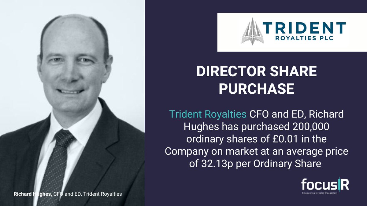 _focusIR_'s tweet photo. Richard Hughes, Chief Financial Officer of @TridentPlc, brings his holding up to 800,000 Shares (0.3%) #TRR #DirectorDealing #Investing https://t.co/LztnwJtit5