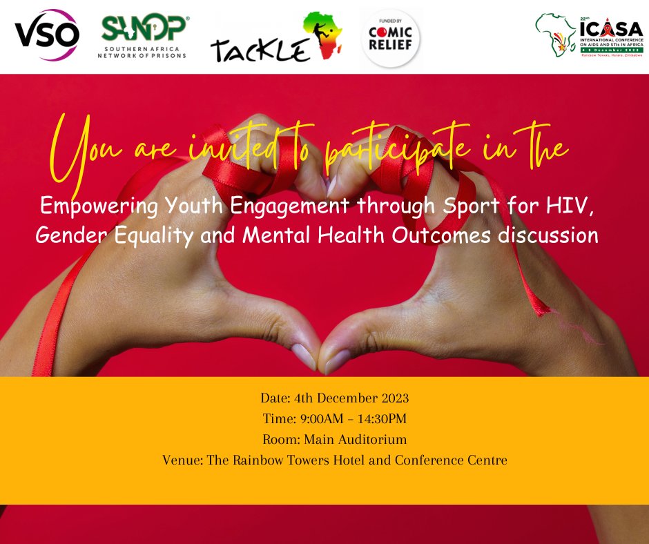 #ICASA2023 is upon us. We are inviting you to participate in a discussion centered on youth engagement through sports to accelerate HIV, Gender Equality and mental health in prisons.