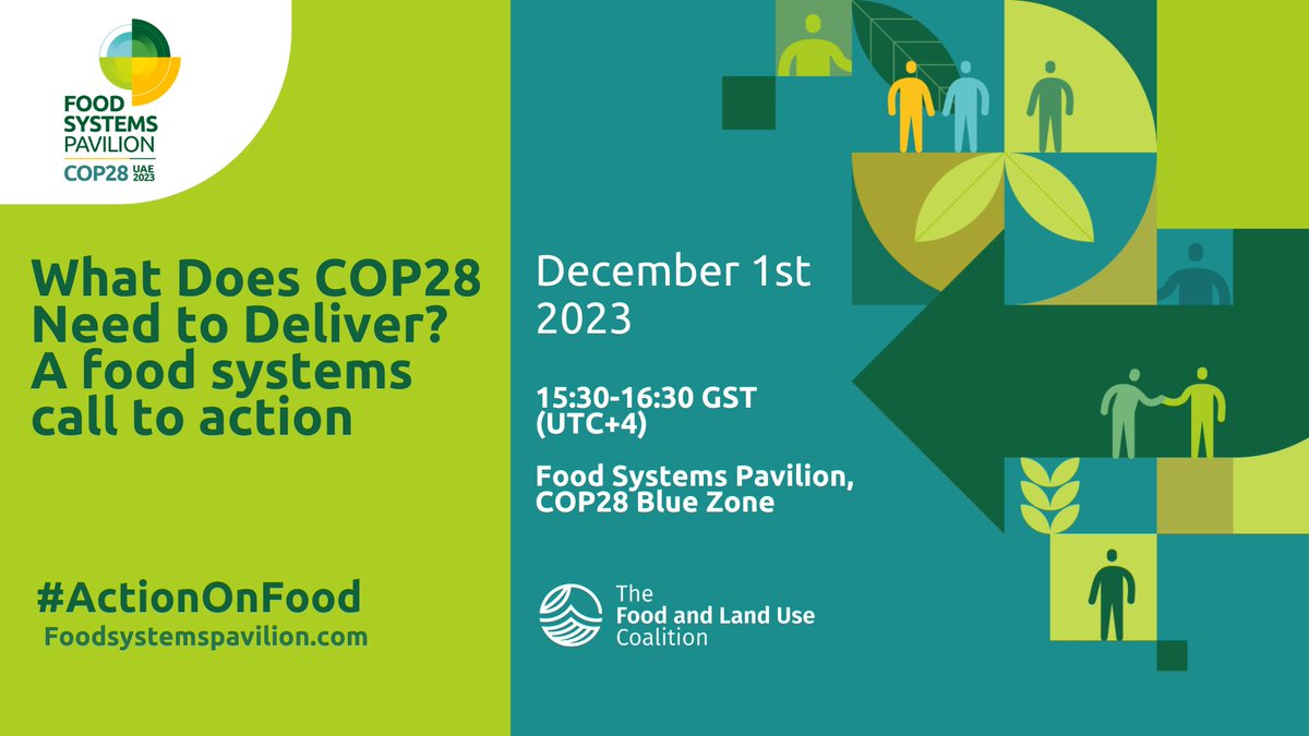 What needs to happen at #COP28 to ensure that #FoodSystems deliver for people 👩‍🌾, nature 🌱 & climate 🌡️ ? Join @FOLUCoalition live from Dubai tomorrow in making an urgent call to #ActionOnFood 🌽 🗓️ Dec 1st ⌚️ 15:30 GST (UTC+4) 💻 foodsystemspavilion.com/event/what-doe…