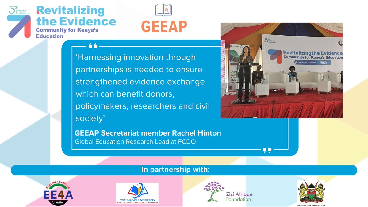 GEEAP_'s tweet photo. At the #EE4A_2023 partnership sessions we heard from #GEEAP secretariat member Rachel Hinton (@FCDOResearch) on the importance of building partnerships around the exchange of #educational evidence.

#EvidenceInEducation
#Education
#Research https://t.co/Mu12Aij4mK