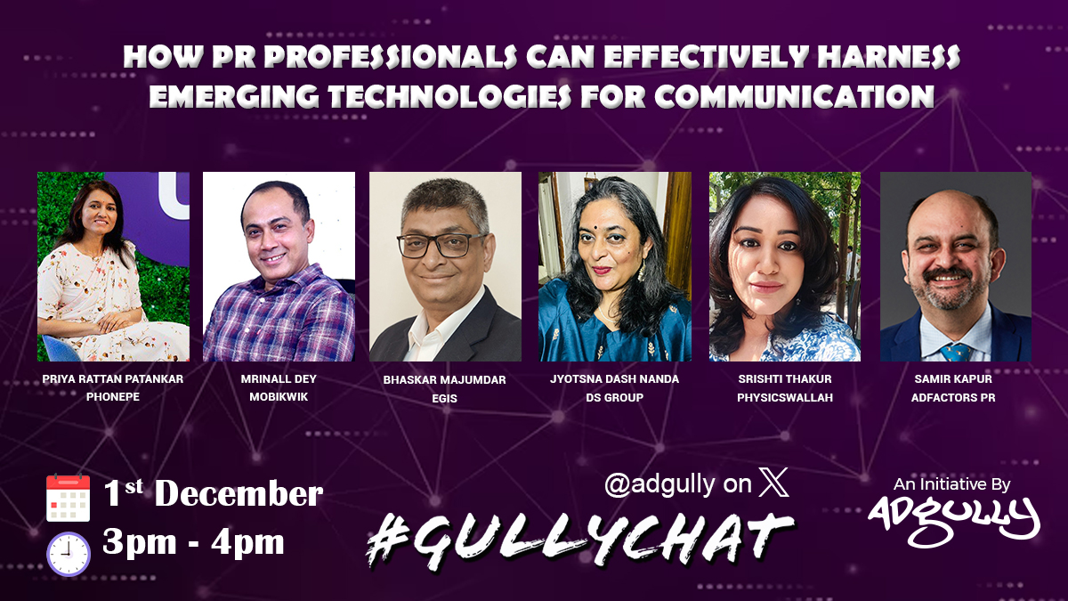 adgully's tweet photo. Join the conversation at #GullyChat tomorrow from 3pm - 4pm!
Calling all #PRprofessionals to dive into this insightful discussion with our expert panelists

#PRPros #ExpertExchange #PublicRelations
@Priyeah13 @mrinall @Probasibangali @jyotsna_d_nanda @physics__wallah @samir_kapur https://t.co/Nt9YQHhXJR