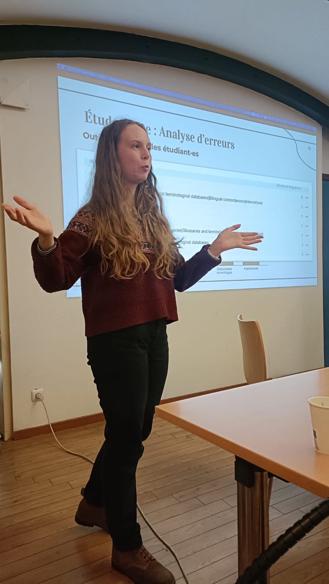NicolasHanquet's tweet photo. First presentation by our brilliant colleague @AHeylens presenting on her PhD research on translation mistakes from LSFB to French, looking forward for what will come out of this ! https://t.co/ozShjqgSjN