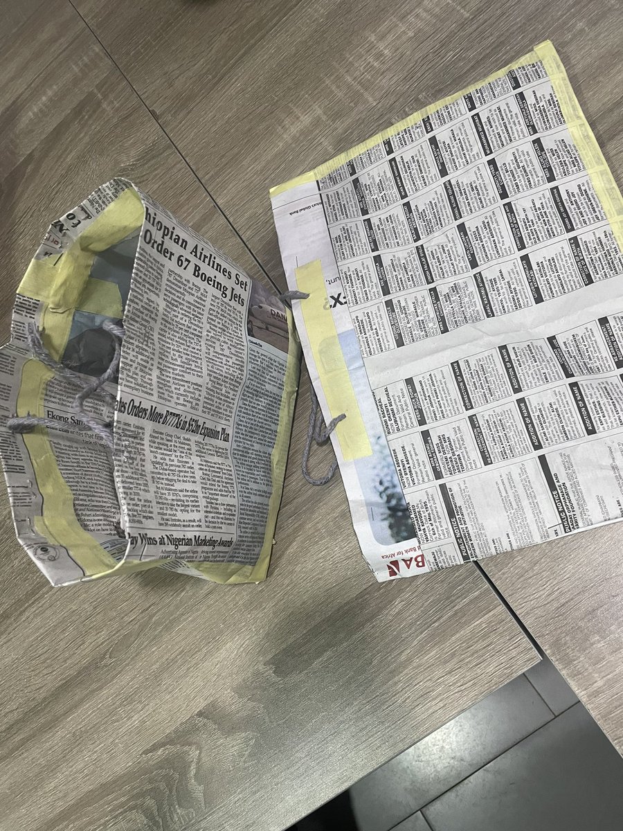 Yesterday at Yaba, I met two students trying to sell these newspaper bags they made in their Entrepreneurship class. Seems they were instructed to sell them at all costs to check their marketing skills. I sha bought the two for 500 Naira after plenty pressure. 😭

Now, I want to