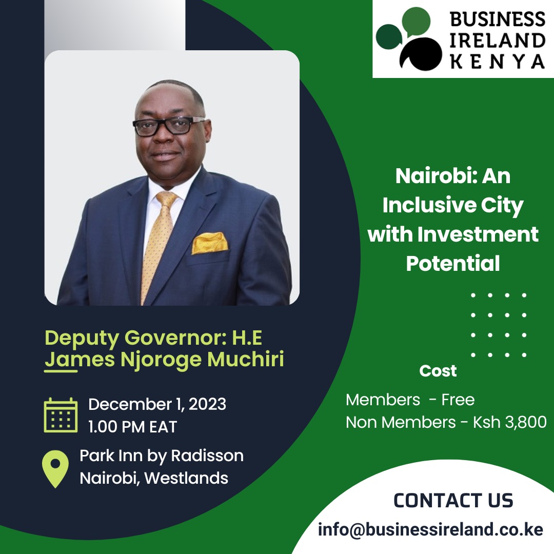 Date: December 1, 2023 Time: 1:00 PM Venue: Park Inn by Radisson, Nairobi Agenda: 11:00 AM: Hybrid AGM 1:00 PM: Luncheon Register today: forms.gle/DYSqK95wLbJfxw… We look forward to seeing you there! #BusinessIrelandKenya #YearEndLuncheon