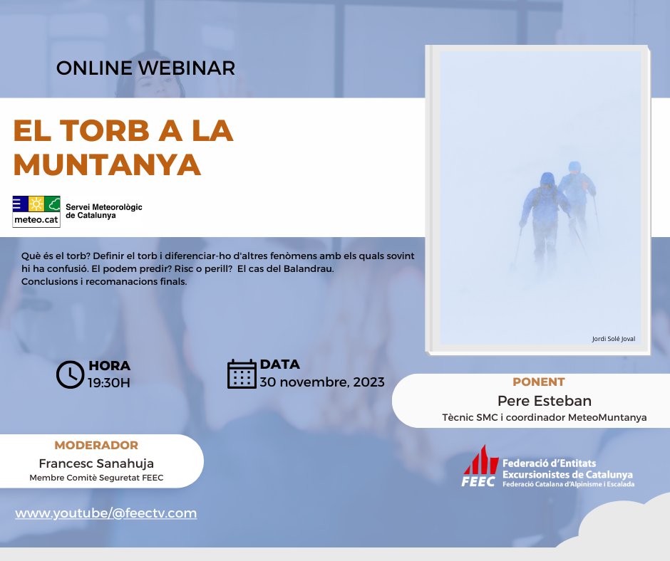 📢 Avui a les 19.30 h no et perdis el webinar "El torb a la muntanya".

Mira'l aquí ➡️tuit.cat/m5I3C

#sentlamuntanya #sommuntanya #feectotlany #somseguretat
