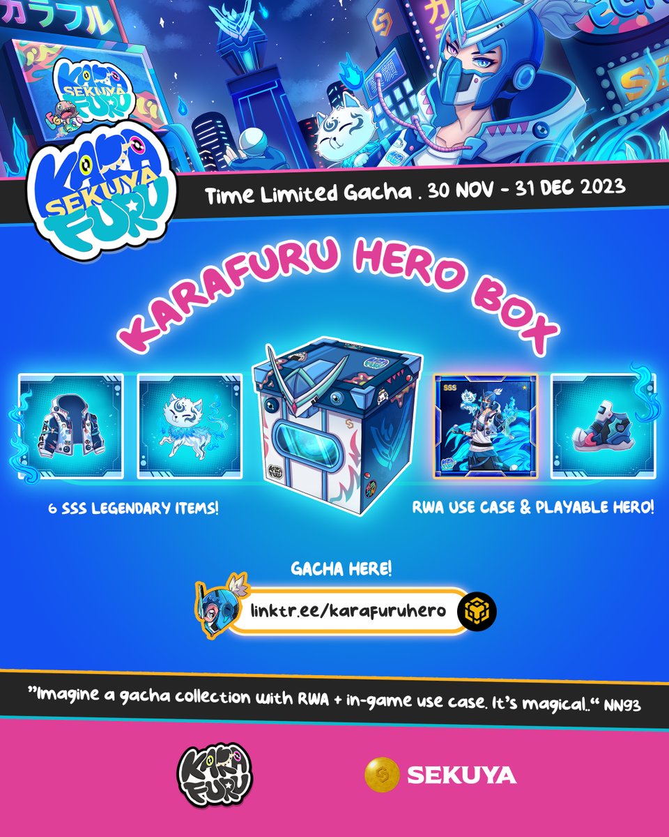sekuyaofficial's tweet photo. 🥷 KARAFURU HERO BOX | GACHA NOW! 🔥

⚡️ By @KarafuruNFT (Viral NFT Project with 45.000 ETH+ Volume) x @sekuyaofficial  (MOBA Multiverse with 90+ Communities in SEA) 😱

🟡 6 In-Game SSS Hero + Wear Collection!
🟡 Store of Game Exp
🟡 2 RWA Use Case
🟡 Access to Karafuru Community
🟡 Gacha: 0.2 BNB / BOX

🥳 GACHA EM ALL! https://t.co/6xME5WSR4N 

🎉RT & Write your BSC Address here! 3 Random Giveaway by the end of 2023! 

#KarafuruGacha #Sekuya #BNBChain #NFT #NFTCommmunity #MMORPG