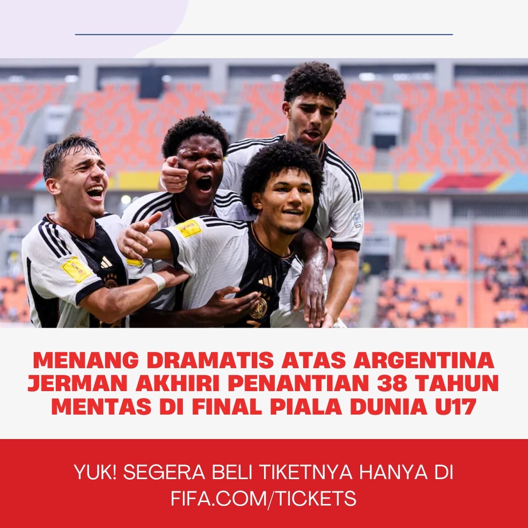 Timnas Jerman U17 menang dramatis atas Argentina, ini merupakan penantian 38 tahun mentas di final Piala Dunia U17

#U17Mendunia #PialaDuniaU17 #WorldCupU17 #TiketU17 

Kamis Niki