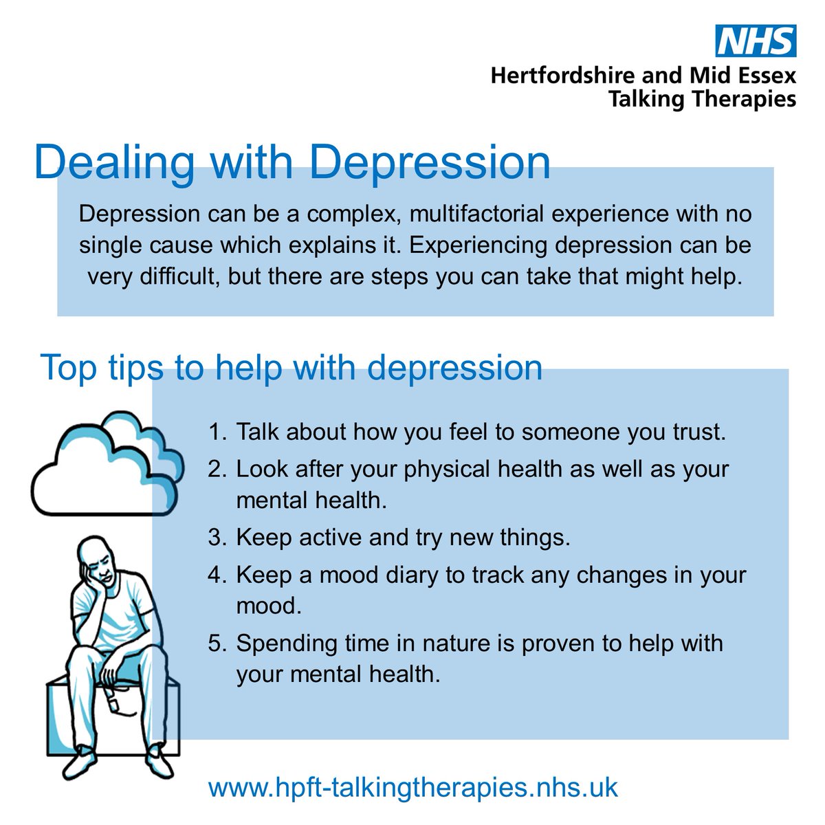 HPFT_TT's tweet photo. Depression is when someone feels low in mood and loses interest in day-to-day life. 

If you want to talk to someone about how you are feeling, you can self-refer online to our service without needing to speak to your GP first: https://t.co/CIIHCebjzZ https://t.co/aHf7QYXrIv