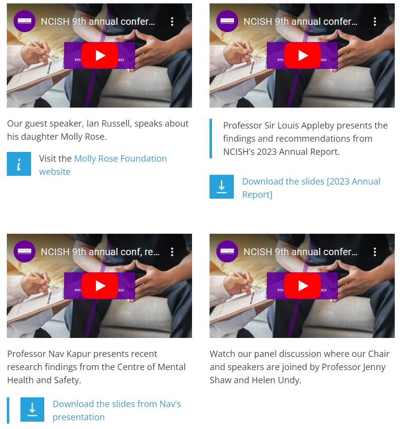 Did you know that you can watch presentations on suicide & self-harm prevention by our @ProfLAppleby & Prof Nav Kapur, & from professional & lived experience contributors to our annual conferences? You can also download our @NCISH_UK data slides sites.manchester.ac.uk/ncish/resource…