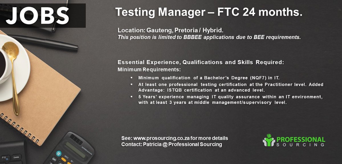 ProSourcingZA's tweet image. prosourcing.co.za/jobs/testing-m…
Testing Manager
A highly reputable organisation located in Pretoria East requires the expertise of a Testing Manager to form part of an exciting project for a 2-year fixed-term contract period.
#testingmanager #contract #JobOpportunities #prosourcing