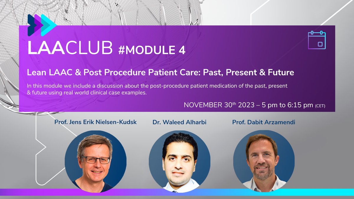 BSC_EU_Heart's tweet photo. 🗓️ Save the date! LAAClub Module IV on November 30th, 5-6:15 pm CET.

Dive into "Lean LAAC &amp; Post Procedure Patient Care: Past, Present &amp; Future." Explore the evolution of patient medication through real-world cases. Register now: https://t.co/Efl83WEaSD

#LeanLAAC #LAAC #BSCEMEA https://t.co/ZYb6bvpy8N