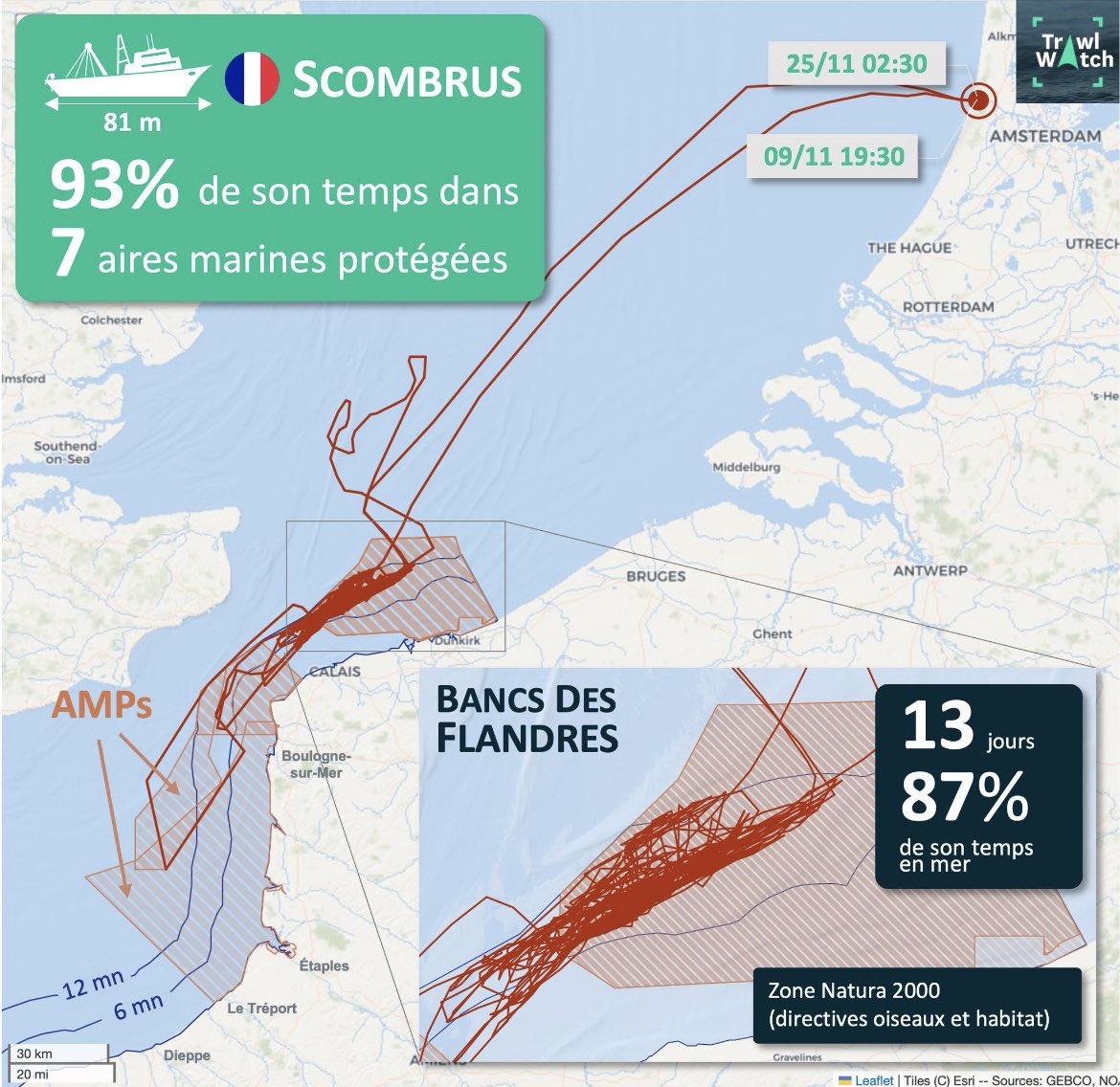 hugoclement's tweet photo. Dans l’émission « Les super-pouvoirs de l’océan » sur France 2 mardi soir, alors que je montrais à @HerveBerville des images de chalutiers industriels dans une aire marine protégée, il a répondu que ce n’était pas « normal » et qu’il y avait « des gens qui resquillent et qui sont sanctionnés ». 

Sauf qu’en réalité, les chalutiers industriels passent leur temps à ratisser les eaux françaises soi-disant protégées. 

Par exemple, depuis quelques semaines selon @TrawlWatch, des bateaux comme le Scombrus (81 mètres) sont dans la Manche, en action de pêche dans des aires marines protégées.

Alors que fait-on monsieur le secrétaire d’État @HerveBerville ? Si ce n’est pas « normal » comme vous l’avez dit, on attend quoi pour les expulser de nos eaux « protégées »  ?