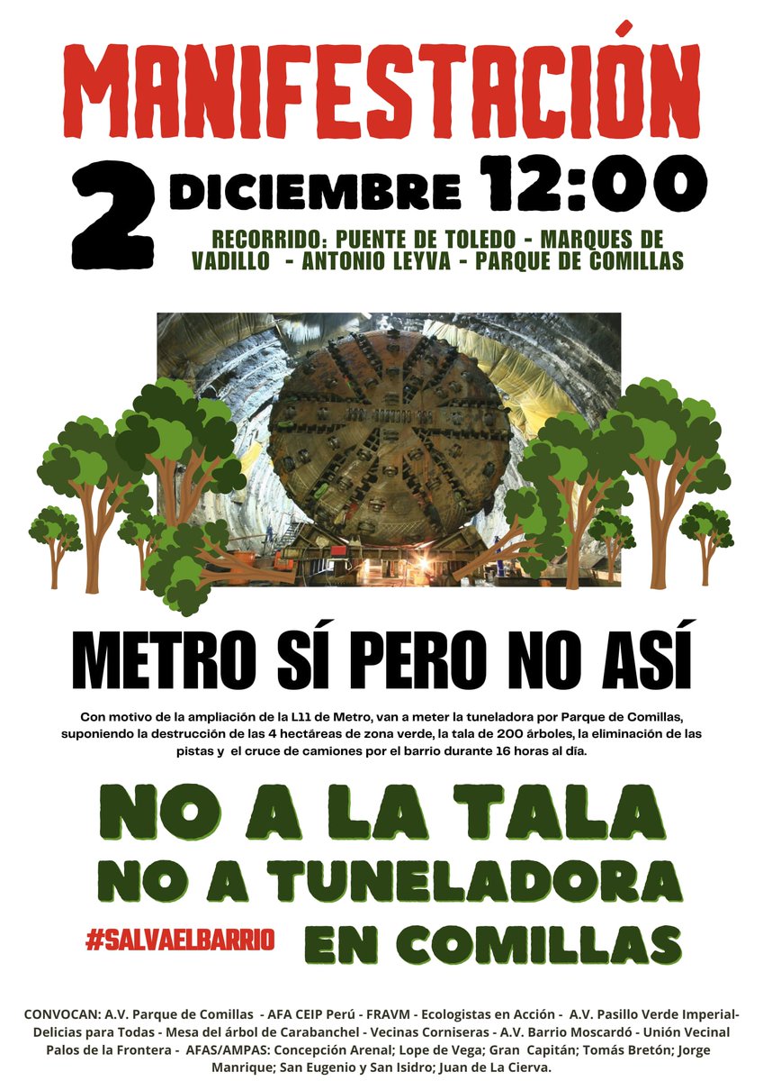 Carabanchelnet's tweet photo. 📌El ‘precio’ del metro en un barrio de Madrid: tala masiva de árboles, años de ruidos y adiós a un parque
https://t.co/AJEDCHG2Kd
#Carabanchel #Madrid #talasmasivas #arboricidio #NoALaTala #MetroSíperoNoAsí #NoAlaTuneladora #Comillas #parque #ruidos https://t.co/QsbRfo2Wal