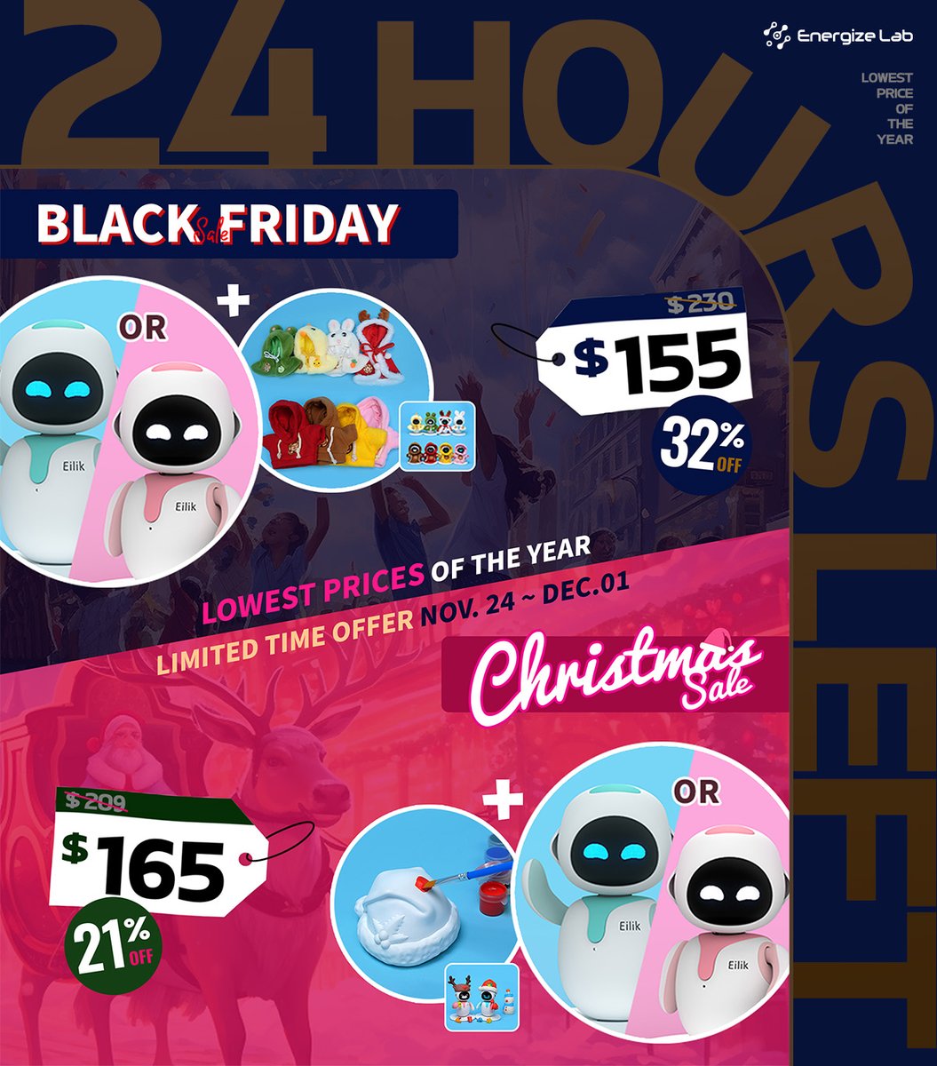 EnergizeLab's tweet image. ⏳Only 24h left - #falshsale available until 𝐃𝐞𝐜 𝟏𝐬𝐭
.
1️⃣ Blue or Pink Eilik+8 Pcs outfit set
Save 𝟑𝟐% 𝐨𝐟𝐟 to only $𝟏𝟓𝟓!
2️⃣Blue or Pink Eilik+Christmas DIY painted toys
Enjoying 𝟐𝟏% 𝐨𝐟𝐟, slashed to $𝟏𝟔𝟓
.
👇Link below, go go go 💨
🌐 store.energizelab.com/products/eilik