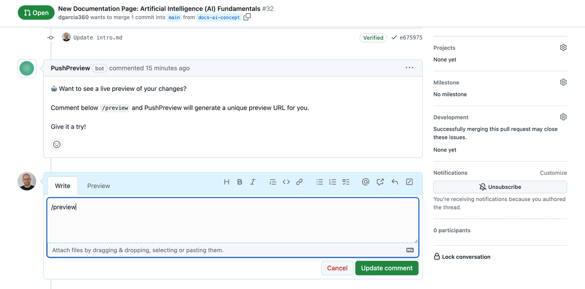 Introducing PushPreview 🤖:  Comment "/preview" in a GitHub pull request and watch as PushPreview creates a preview URL.  

Only 20 early access spots available for the private beta.   

Want to know more? Check the link in my bio.