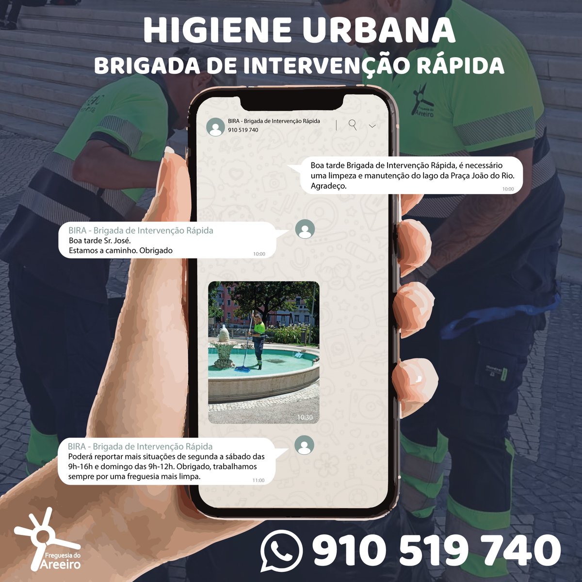 JAreeiro's tweet photo. BRIGADA DE INTERVENÇÃO RÁPIDA

Comunique situações relacionadas no âmbito da limpeza urbana através do número 910 519 740, por WhatsApp, de segunda-feira a sábado das 9 às 16 horas e domingo das 9 às 12 horas. https://t.co/ClzVMiepII