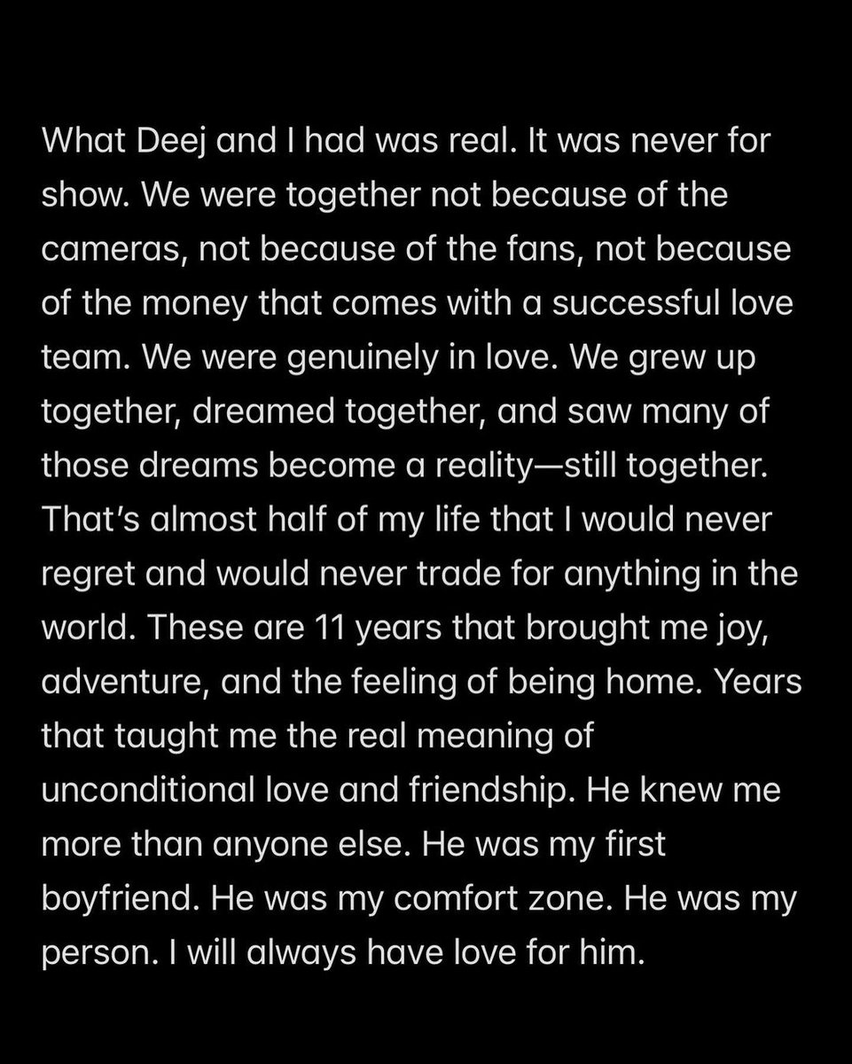 KATHRYN BERNARDO CONFIRMS KATHNIEL BREAK UP 😭💔

Pinay celebrity Kathryn Bernardo took to Instagram to announce her break up with on-screen tandem &amp; real-life partner Daniel Padilla.

"I want you to hear it straight from me: It's true that Deej and I have decided to part ways,"