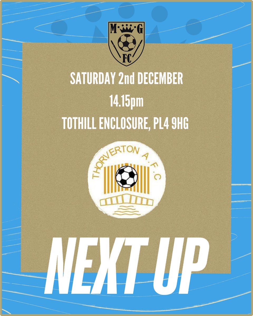 The festive period begins at Home!

🗓 Saturday 2nd December
⏰️ 14.15pm
📍Tothill Enclosure, PL4 9HG 
🆚️ <a href="/ThorvertonFC/">Thorverton FC</a>
☁️ Forecast

Bring all the festive support with you! Always great to see our fans at the games. 

#MGFamily
#MGFC
<a href="/devondfl/">Devon Football League (DFL)</a> <a href="/PLsportsnews/">PlymouthSportsNews</a>