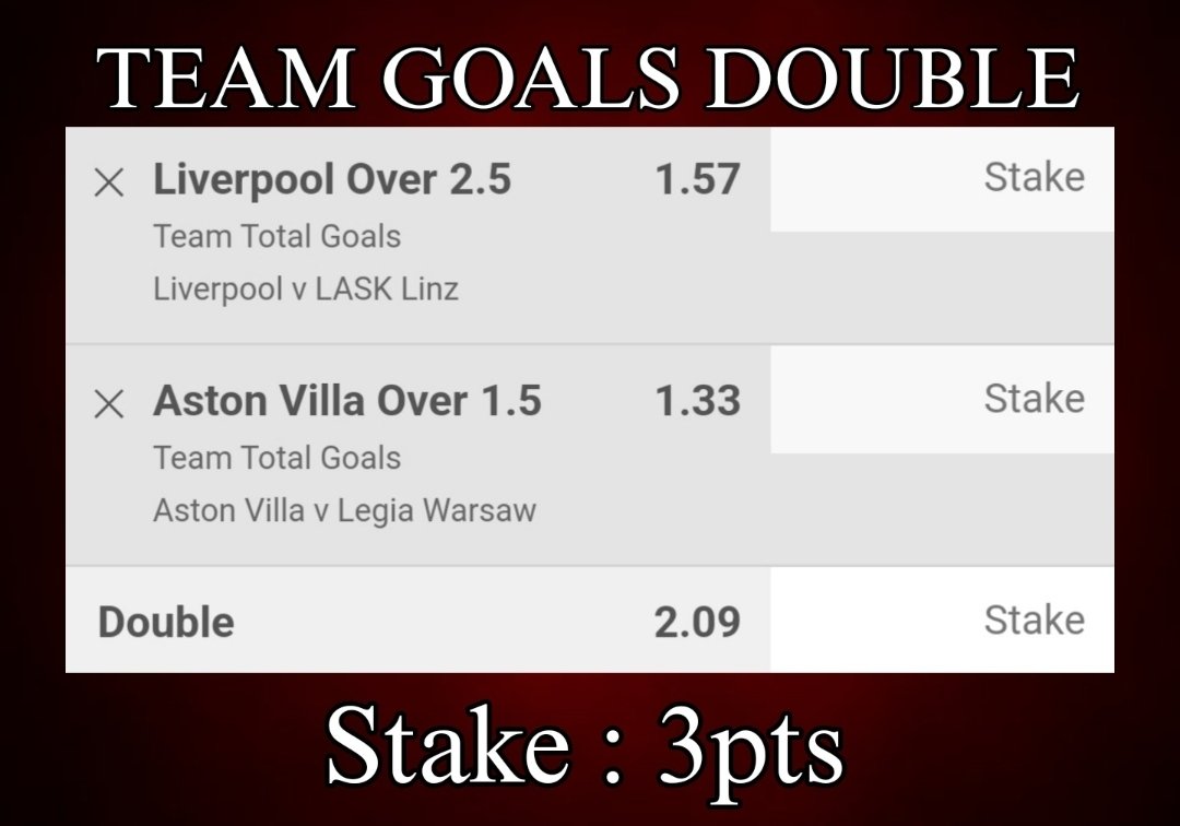 TomWhiteTips's tweet photo. TEAM GOALS DOUBLE ⚽️

KO 8pm (Both) ⏱️ 

Europa League/Conference 🏆 

#EuropaLeague #LFC #AVFC https://t.co/PY9kLP5A3R