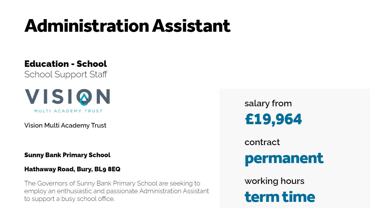 📢Fantastic job opportunity @sunnybankschool for an Admin Assistant to join a wonderful school. Please click on the link below for more info... ➡️greater.jobs/search-and-app…⬅️ #joinus #TeamVision #employerofchoice