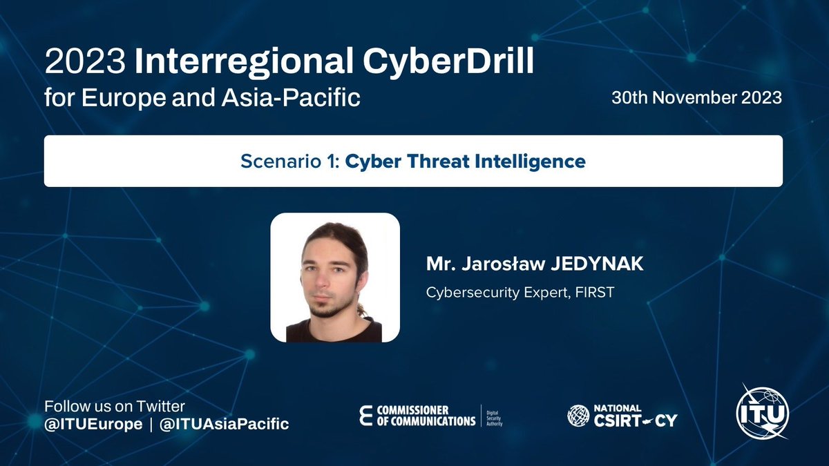 I had the pleasure to conduct a 1.5 day #workshop about Threat Intel Pipelines and CTI to a room full of security experts during the #ITU Interregional #Cyberdrill for Europe and Asia-Pacific. I hope everyone had fun and maybe see you at the next Cyberdrill.