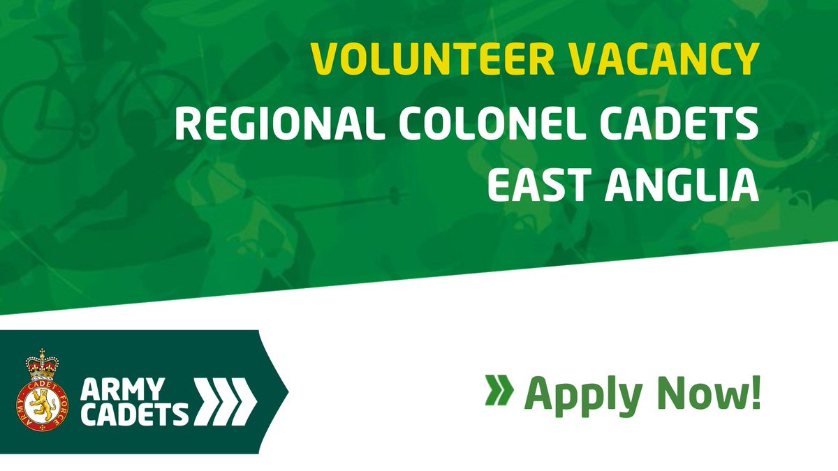 East Anglia RFCA (@eastangliarfca) on Twitter photo We're recruiting to the position of Regional Colonel Cadets for East Anglia, based at RPOC Centre HQ. More info and eligibility criteria here: ow.ly/voOc50QcPk0
<a href="/ArmyCadetsUK/">Army Cadets UK</a>
<a href="/CCFcadets/">Combined Cadet Force</a>
<a href="/NorfolkACF/">Norfolk ACF</a>
<a href="/SuffolkACF/">Suffolk ACF</a>
<a href="/EssexACF/">Essex Army Cadet Force</a>
<a href="/CambsACF/">Cambs ACF</a>
<a href="/BedsHertsACF/">Beds&HertsACF</a>
@ColCadetsACF
<a href="/HQC_E_RSMI/">RPOC C-EM RSMI</a> We're recruiting to the position of Regional Colonel Cadets for East Anglia, based at RPOC Centre HQ. More info and eligibility criteria here: ow.ly/voOc50QcPk0
<a href="/ArmyCadetsUK/">Army Cadets UK</a>
<a href="/CCFcadets/">Combined Cadet Force</a>
<a href="/NorfolkACF/">Norfolk ACF</a>
<a href="/SuffolkACF/">Suffolk ACF</a>
<a href="/EssexACF/">Essex Army Cadet Force</a>
<a href="/CambsACF/">Cambs ACF</a>
<a href="/BedsHertsACF/">Beds&HertsACF</a>
@ColCadetsACF
<a href="/HQC_E_RSMI/">RPOC C-EM RSMI</a>