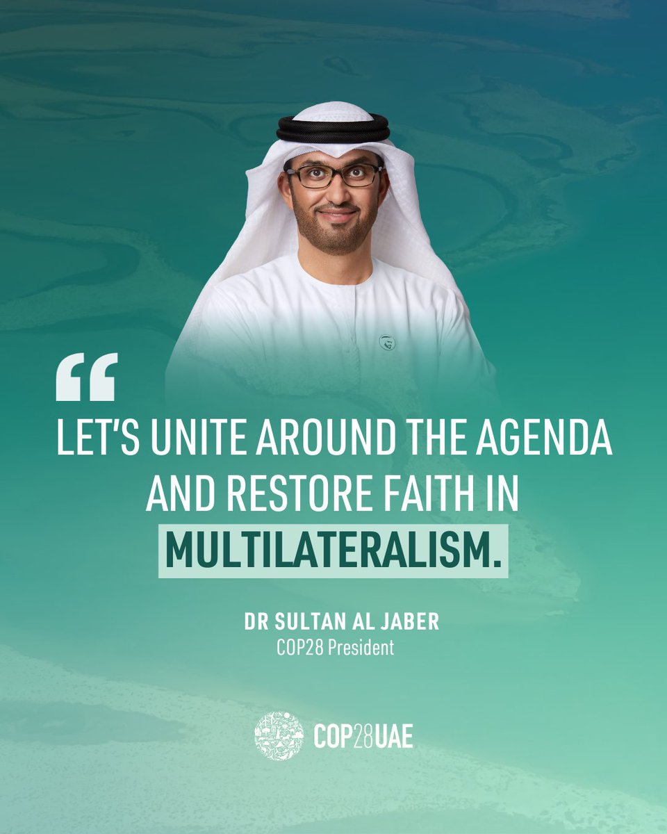 “Let’s unite around the agenda and restore our faith in multilateralism.” – #DrSultanAlJaber addressing delegates at the Opening Plenary of COP28.
#COP28