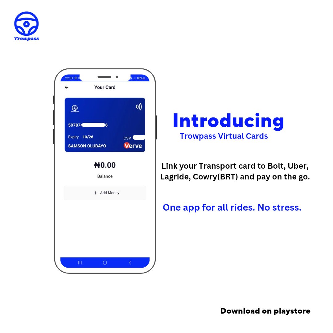 Paying for rides just got easier!

With Trowpass you can book your favourite mobility service and pay with our Virtual Card.

it's easier to pay, track and manage your transport expenses with Trowpass.

Switch it up today, download Trowpass and move smarter.
#Mobility 
#transport